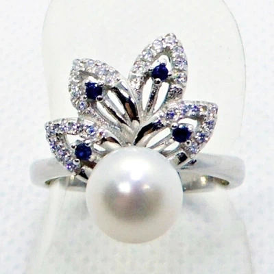 Perle Weiß Saphir Zirkonia Ring 925 Silber 585 Weißgold vergoldet 17,5 mm 55 - Bild 1 von 4