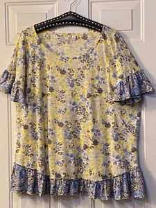 NEW CATO Sz XL Womens Knit Blouse Tee Short Ruffle Sleeve Floral Yellow/Blue - Picture 1 of 8