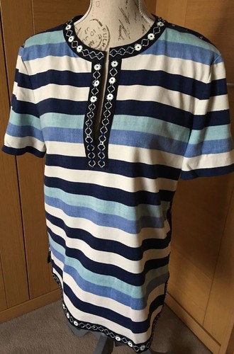 Tory Burch tunica caftano cotone top maniche corte blu righe floreali taglia M nuova con etichette
