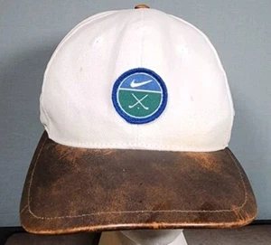 Vintage Nike Golf Hat Cap Strap Back Leather Brim Buckle Twill White Tag 90s - Picture 1 of 12