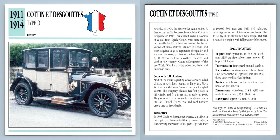 Cottin Et Desgouttes Type D - 1911-14 Luxury - Classic Cars Collectors Club Card - Image 1 of 1