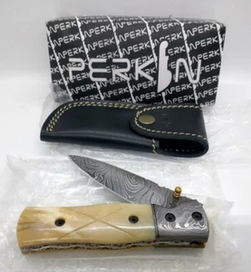 Perkin Handmade Damascus Pocket Knife Folding Camel Bone Handle Leather Case FB4 - Picture 1 of 3