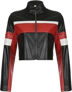 Women’s Color Block Faux Leather Biker Jacket Brando Style Cropped Fashion - Picture 1 of 7