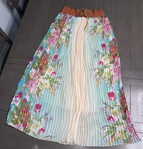 A3 MEDIUM MINT GREEN PLEATED PASTELS FLORAL BELTED LINED MIDI FLOWING SKIRT - Picture 1 of 20