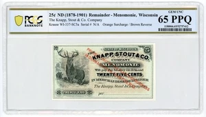 25c The Knapp, Stout & Co. Company - Menomonie, WISCONSIN Note PCGS Gem 65 PPQ - Picture 1 of 2