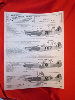 1/48 Third Group 48-011 Decal RAF Spitfire Mk Vb/c 303 Polish Sq, Tuck, Czech Y - Image 1 of 3