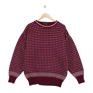 Vintage Boston Traders Jumper Mens Size L Maroon Patterned Pure Wool - Picture 1 of 15