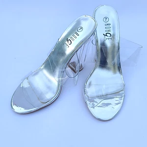 Rouge Helium Clear PVC Straps Slip On 4.5" Block Heel Sandals Sz 7 Silver NEW - Picture 1 of 11