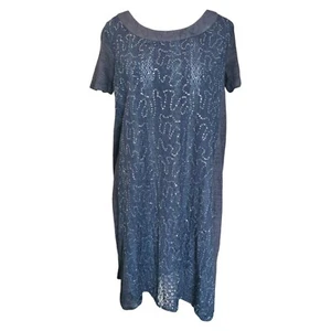 120% Lino Linen Dress UK 10 Navy Blue Lace Sequin A-Line Occasionwear Beachwear - Picture 1 of 8