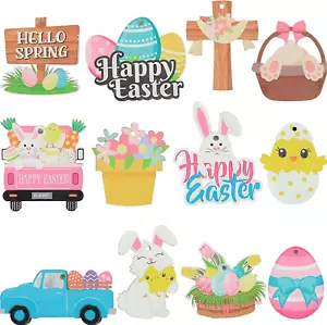 Set of 12 Easter Ornaments and Decorations for Home, Hanging Retro Wooden Signs - Picture 1 of 12