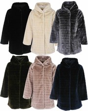 Ladies Italian Stripe-Cut Faux Fur Hooded Coat Women Winter Coatigan Coat Jacket