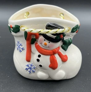 Vintage Ceramic Bootie Planter with Snowman Snowflakes Christmas Holiday Winter - Picture 1 of 9