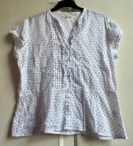 EAST Blouse 20 White & Blue Embroidered Cotton Blend Frill Cap Sleeves - Picture 1 of 12