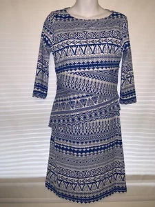 J. McLaughlin Blue And White Pattern 3/4 Sleeve Tiered Sheath Dress Size Small - Picture 1 of 7