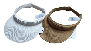 2pk Time and Tru Women's Sun Visor Hat Textured White & Sand Brown Elastic Back - Picture 1 of 4