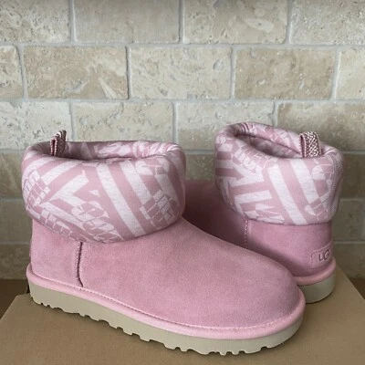 UGG CLASSIC MINI JERSEY STRIPE SUEDE ANKLE BOOTS BLUSH PINK WOMEN SIZE 10 - Image 1 of 4