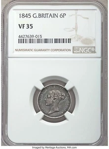 1845 6 Pence Sixpence Great Britain Tanner NGC VF35 SILVER UK - Picture 1 of 4