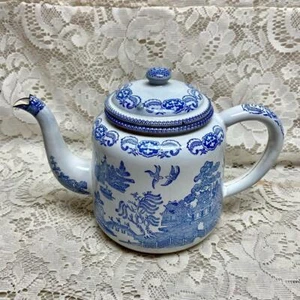 Antique, Rare, Blue Willow Enamelware Teapot or Tea Kettle 10in W x 7.5in H - Picture 1 of 11