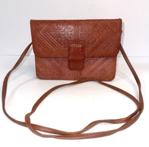 Moroccan Magic Tooled Stamped Leather Artisan Crossbody Shoulder Bag Brown Small - Picture 1 of 12