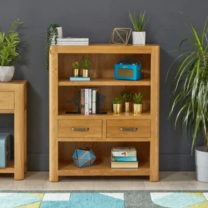 Soho Oak Curved Small Compact Low Bookcase with 2 Drawers - Bookshelf - SC20 - Picture 1 of 12