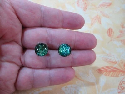 Silver Tone Green Sparkle Dichroic Glass Rounded Pierced Stud Earrings / U - Image 1 of 4