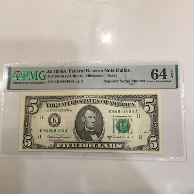 FR#1980-K $5.00 F.R.N. Super Repeater 84848484 PMG Unc64 EPQ  - Image 1 of 3