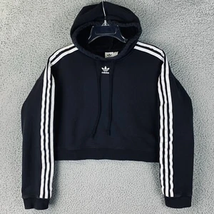 Adidas Hoodie Womens S Black Cropped Oversized Trefoil Logo Sweatshirt Pullover - Picture 1 of 7