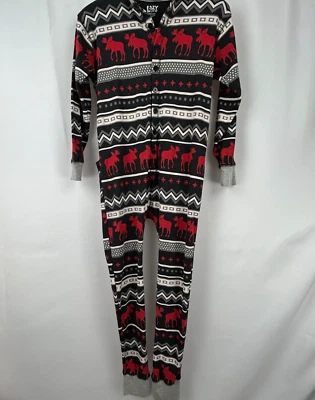 Lazy One Union Suit Sz Med Pajamas Black Red Cotton Moose Caboose Flap Jack - Image 1 of 4
