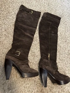 MICHAEL KORS BROWN SUEDE PULL ON ABOVE KNEE HIGH HEELED BOOTS 9.5M - Picture 1 of 9