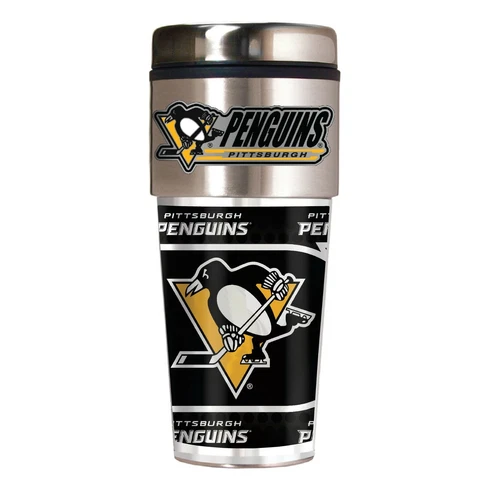 PITTSBURGH PENGUINS 16 OZ STAINLESS STEEL COFFEE TRAVEL MUG WITH 3D METAL EMBLEM Cover