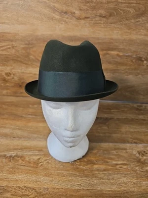 Vintage DelMonico Hatter Dark Green Fedora Feathers 15X Sz:7 Hand Blocked - Image 1 of 4