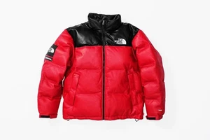 Chaqueta acolchada de cuero genuino roja y negra unisex estilo montaña Nuptse para hombre - Imagen 1 de 4