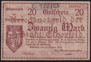 Germany Elberfeld 20 Mark 1918 Vintage WWI Old Emergency Paper Money Banknote VF - Picture 1 of 2