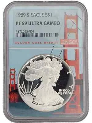 1989 S American Silver Eagle NGC PF 69 Ultra Cameo, Full Golden Gate Bridge Core - Image 1 of 2