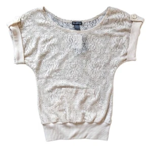 Small Y2K Beige Short Sleeve Tunic Top Lace Open Knit Sheer Festival Cover-Up - Picture 1 of 8