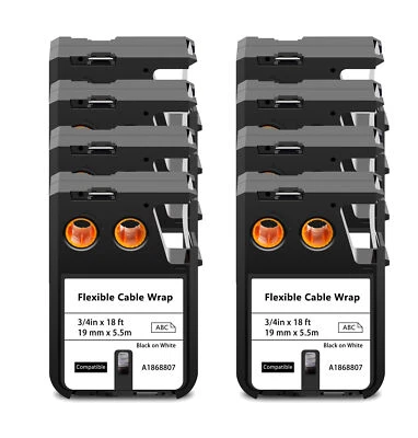 DIGI 8PK Flexible Cable Wrap Nylon Label Tape for DYMO Rhino XTL 1868807 19mm White