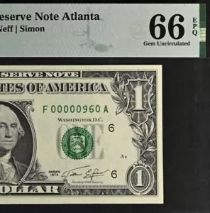 1974 $1 FRN Atlanta PMG 66EPQ Gem birthday low serial number 00000960 - Picture 1 of 3
