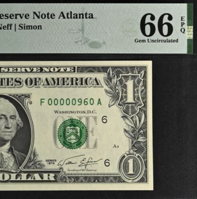 1974 $1 FRN Atlanta PMG 66EPQ Gem birthday low serial number 00000960 - Image 1 of 3