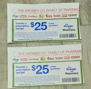 LOT OF 2 KROGER COUPONS $25 PRESCRIPTION TRANSFER CREDIT GROCERIES NO EXPIRATION - Picture 1 of 3