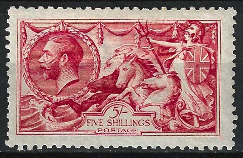 GB SG409 KGV 1915 5/- Bright Carmine, De La Rue, Seahorse, MVLH Cover
