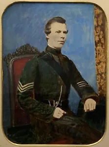 UN SARGENTO SENTADO - SIGLO 19 RETRATO AL ÓLEO VICTORIANO PINTURA SOBRE FOTOGRAFÍA - Imagen 1 de 7