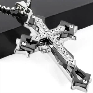 Black and Silver Cross Necklace - Three Layred Retro Crystal - Picture 1 of 4