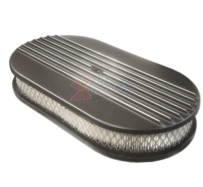 Овальный полуребристый черный алюминиевый уличный хот-род очиститель воздуха в сборе 15 x 2 дюйма - Изображение 1 из 3