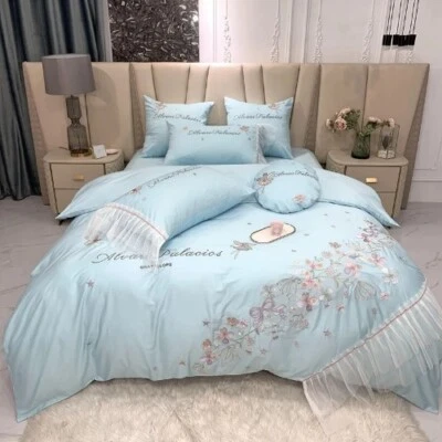 White Floral Embroidery Lace Princess Bedding Set Egyptian Cotton Duvet Cover - Image 1 of 4