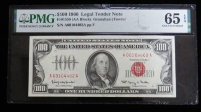 1966 $100 RED SEAL UNITED STATES RED SEAL BANK NOTE FR#1550 PMG GEM UNC 65 EPQ - Image 1 of 2