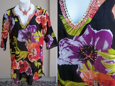 CZ Swimsuit Cover Up NEW poppy long tunic top size L beaded shirt beach pool - Image 1 of 4