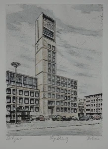 Grabado Ayuntamiento Stuttgart Behrens Marktplatz firmado 30x24 cm - Imagen 1 de 3