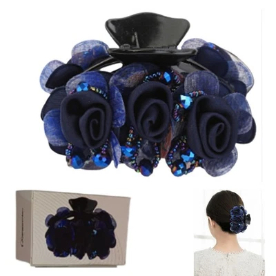Elegant Rose Hair Clip, Navy Blue Floral Barrette with Rhinestones, Double Fl... - Image 1 of 4