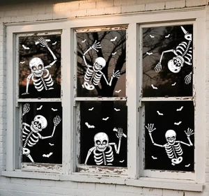 74Pcs Halloween Window Clings Skeleton Skull Stickers Indoor Bathroom Glass Deco - Picture 1 of 7