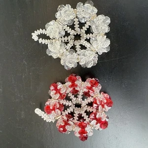 2 Vintage Handmade Bead Safety Pin Christmas Ornaments Red Clear 60s-70s - Picture 1 of 8